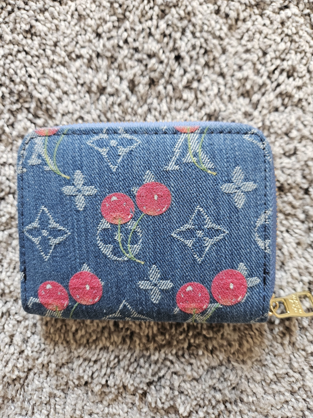 LV Designer-Style Blue Cherry Denim Print Zip Wallet NWOT